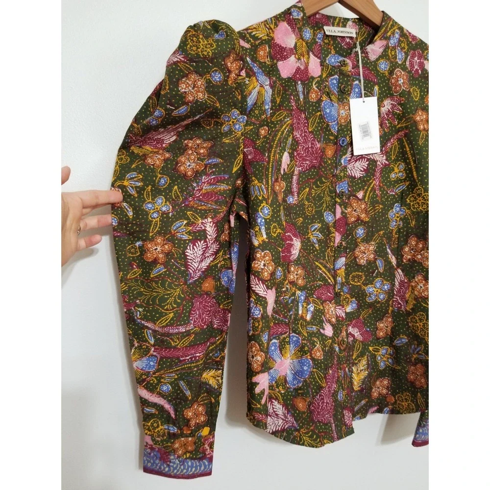 Ulla Johnson Willa Puff Sleeve 100% Cotton Blouse Pine Green Floral Size 0 $275